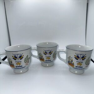 Georges Briard Bird Cage Vintage Mugs Set of 3 Blue Yellow White Japan Ceramic